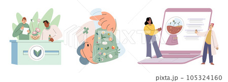 Natural herbal medication researches in laboratory. Traditional medicine concept. Scientist doctors characters make drugs of medical plants, herbal ingredients, extracts, preparing homeopathic recipes 105324160
