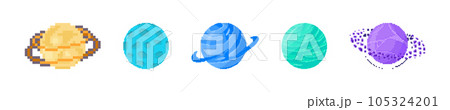 Set of pixel planets for game. Vector spheres in retro pixel art style astronomical elements. Planet, Earth, Mars, Jupiter, Saturn, spaceship of universe. Pixelated game location. 8 bit space objects Set of pixel planets for game. Vector spheres in retro pixel art style astronomical elements. Planet, Earth, Mars, Jupiter, Saturn, spaceship of universe. Pixelated game location. 8 bit space objects 105324201