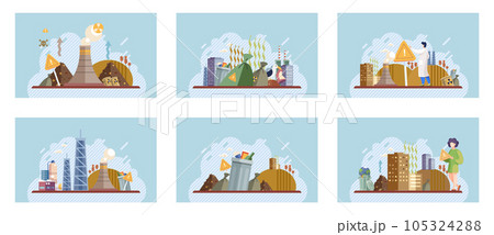 Waste pollution set. Contamination awareness ecological environmental concept flat compositions set with industrial and housekeeping waste. Refuse trash garbage in dirty city. Ecology, nature problem Waste pollution set. Contamination awareness ecological environmental concept flat compositions set with industrial and housekeeping waste. Refuse trash garbage in dirty city. Ecology, nature problem 105324288