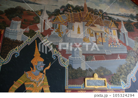 Historical paintings at the Temple of the Emerald Buddha and Grand Palace in Bangkok Historical paintings at the Temple of the Emerald Buddha and Grand Palace in Bangkok 105324294