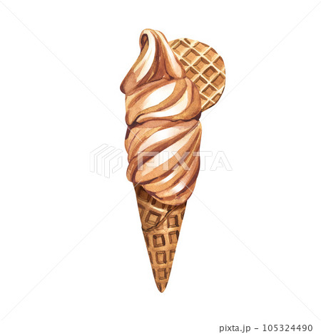 Watercolor dessert, Realistic soft ice cream waffle cone with cookie. Hand-drawn illustration isolated on white background. Perfect food menu, design packing, bakery shop, cooking, tea party. 105324490