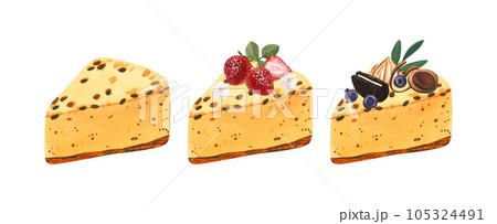 Watercolor set dessert, piece mango mousse cake with decor. Hand-drawn illustration isolated on white background. Perfect food menu, food drawing, design packing, print 105324491