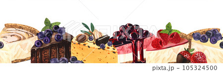 Watercolor banner dessert, colorful sweet cakes slices pieces of cheesecake with berries. Hand-drawn illustration isolated on white background.Perfect food menu, food drawing, design packing, print Watercolor banner dessert, colorful sweet cakes slices pieces of cheesecake with berries. Hand-drawn illustration isolated on white background.Perfect food menu, food drawing, design packing, print 105324500