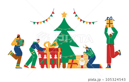 People opening gift box under Christmas tree, flat vector illustration isolated. 105324543