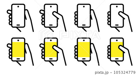 スマートフォンを持つ手、シンプルな線画のモバイル画面のベクターアイコンイラスト素材セット 105324779