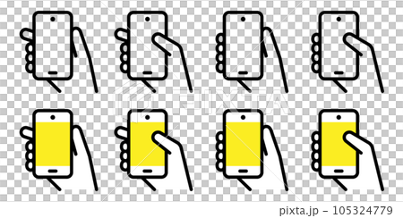 スマートフォンを持つ手、シンプルな線画のモバイル画面のベクターアイコンイラスト素材セット 105324779