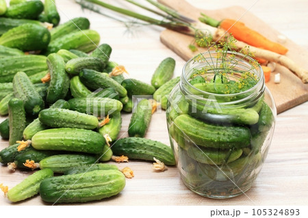 Preparing preserved pickled cucumbers in spicy brine Preparing preserved pickled cucumbers in spicy brine 105324893