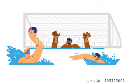 Water polo sportsmen play an attack in gate, flat vector illustration isolated. Water polo sportsmen play an attack in gate, flat vector illustration isolated. 105325001