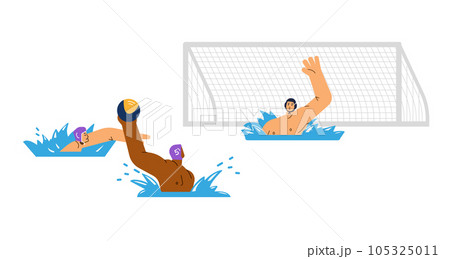 Water polo field players and goalkeeper throwing ball, flat vector illustration isolated on white background. Water polo field players and goalkeeper throwing ball, flat vector illustration isolated on white background. 105325011