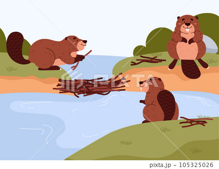 Cheerful beavers building dam on river, cartoon flat vector illustration. Cheerful beavers building dam on river, cartoon flat vector illustration. 105325026