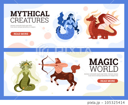 Mythical and magical creatures, web banners set, flat vector illustration. Mythical and magical creatures, web banners set, flat vector illustration. 105325414