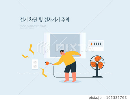 Disaster Preparedness Publicity Illustration. Korean Translation is Beware of electronics in case of flooding 105325768