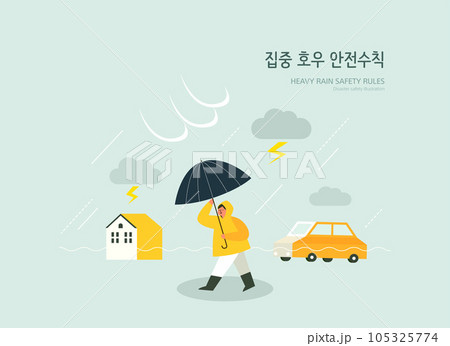 Disaster Preparedness Publicity Illustration. Korean Translation is Local heavy rain safety rules Disaster Preparedness Publicity Illustration. Korean Translation is Local heavy rain safety rules 105325774