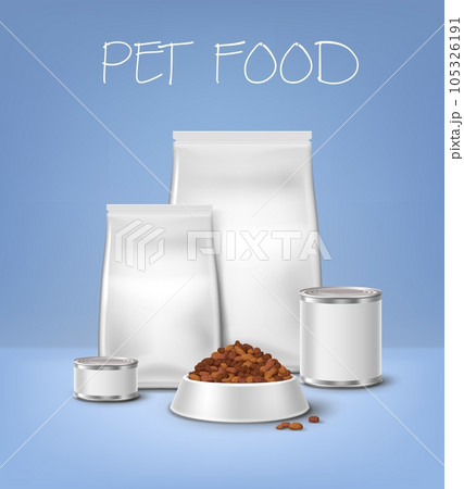 Pet food realistic vector packaging and feed bowl 3d mockups. White blank tin cans, quad seal foil or paper bags and plate with dry pads for dog or cat animal, pet treats advertising poster 105326191