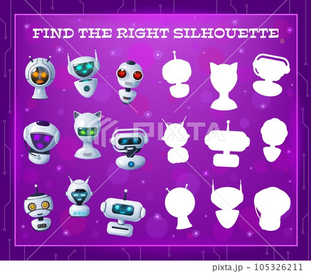 Find right robot silhouette, kids maze game or tabletop riddle, vector. Find and match silhouette of cartoon androids, robotic bots, cyber chatbots or funny cyborgs and space aliens, kids board game Find right robot silhouette, kids maze game or tabletop riddle, vector. Find and match silhouette of cartoon androids, robotic bots, cyber chatbots or funny cyborgs and space aliens, kids board game 105326211
