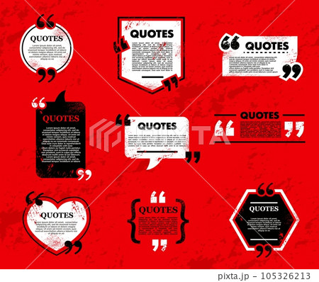 Quote bubble and box, chat message, comment and note quote icons. Vector grunge frames for text on red background. Blank templates for texting, book citing or newspaper info. Quotation borders set 105326213