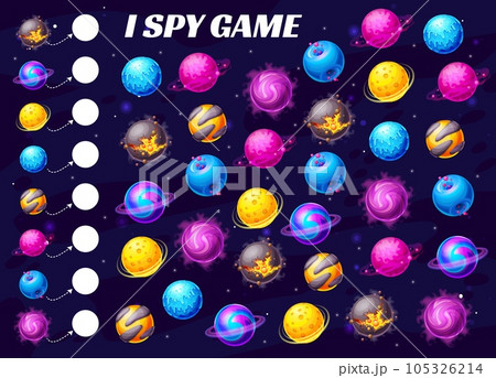 Galaxy space planets, kids I spy game maze or tabletop riddle puzzle, vector. Kids find and match board game or I spy with space planets, cosmos asteroids and meteors of ice, fire lava and craters Galaxy space planets, kids I spy game maze or tabletop riddle puzzle, vector. Kids find and match board game or I spy with space planets, cosmos asteroids and meteors of ice, fire lava and craters 105326214