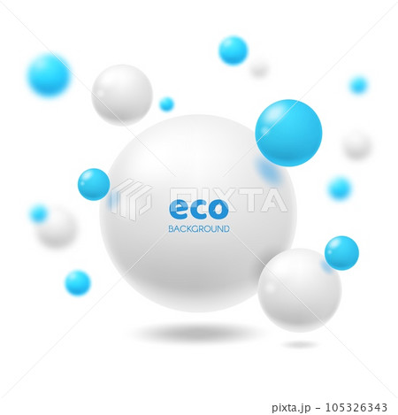 Realistic balls eco background with 3d spheres. Abstract vector design for ecology and environment theme. White and blue glossy balls or bubbles with shadows and light reflections, geometric shapes 105326343