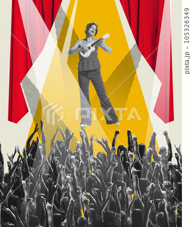 Talented young woman playing guitar, making live concert, performance Talent show. Human hands raised. Contemporary art collage. 105326349