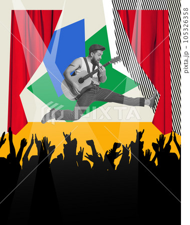 Artistic, expressive man on stage, playing guitar on live concert. People silhouettes dancing. Contemporary art collage. 105326358