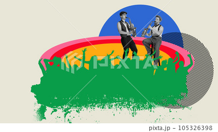 Man playing saxophone, making live concert. Talented people. Retro style. Contemporary art collage. 105326398