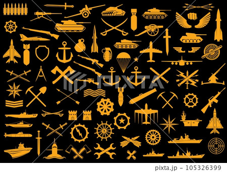 Army kind of troops heraldry, badges or patches. Vector bandolier, sword, tank and cannon with torpedo and arrows. Sniper rifle, sabers, grenade and bomb. Airplanes, submarines and military ships set 105326399