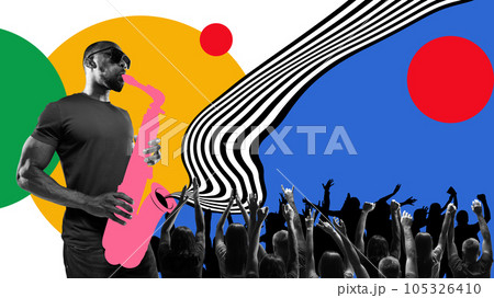 Young, african man playing saxophone, making live performance, concert. Dancing people silhouettes. Contemporary art collage. 105326410