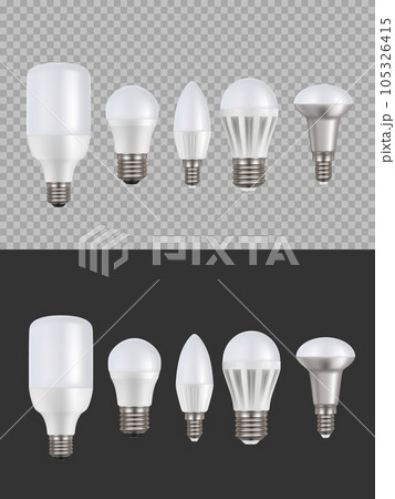 Led lamps, fluorescent light 3d vector bulbs, luminescence illumination energy saving equipment. Low operating temperature lightbulbs different shapes, local and general halogen lighting realistic set Led lamps, fluorescent light 3d vector bulbs, luminescence illumination energy saving equipment. Low operating temperature lightbulbs different shapes, local and general halogen lighting realistic set 105326415