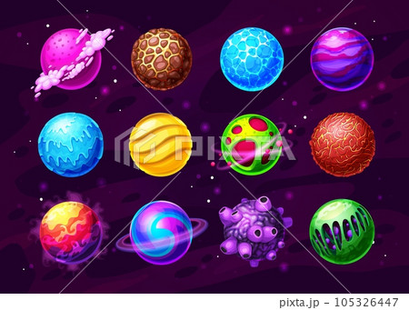 Fantasy planets, alien worlds in deep space cartoon set. Frozen and hot, covered water, ice and lava planets with satellites, asteroid with rocky surface vector icon. UI, GUI interface design elements Fantasy planets, alien worlds in deep space cartoon set. Frozen and hot, covered water, ice and lava planets with satellites, asteroid with rocky surface vector icon. UI, GUI interface design elements 105326447