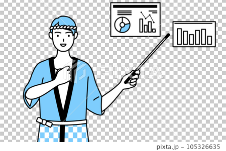 A man wearing a summer festival happi coat analyzing the performance graph A man wearing a summer festival happi coat analyzing the performance graph 105326635