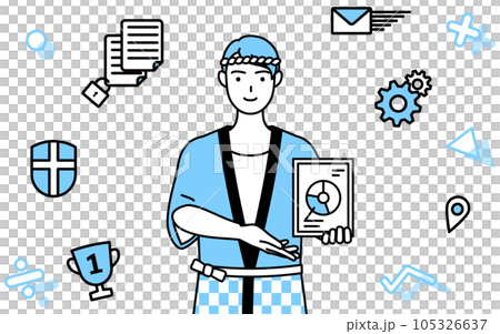 Image of DX, a man wearing a summer festival happi coat using digital technology to improve business Image of DX, a man wearing a summer festival happi coat using digital technology to improve business 105326637