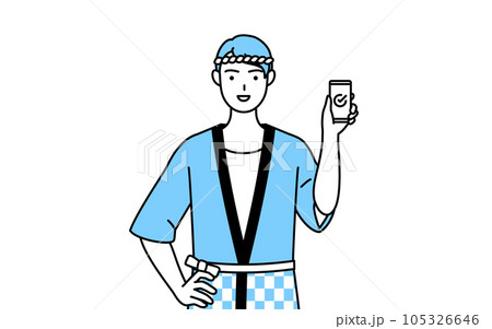 仕事でスマホを使う夏祭りの法被を着た男性 仕事でスマホを使う夏祭りの法被を着た男性 105326646