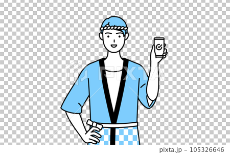 仕事でスマホを使う夏祭りの法被を着た男性 仕事でスマホを使う夏祭りの法被を着た男性 105326646