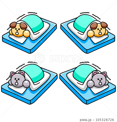 布団に入って寒さに耐えるわんまるとにゃんまるのイラストセット　犬　猫 105326726
