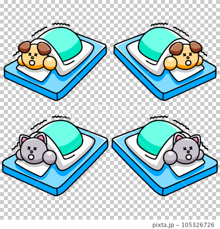 布団に入って寒さに耐えるわんまるとにゃんまるのイラストセット　犬　猫 105326726