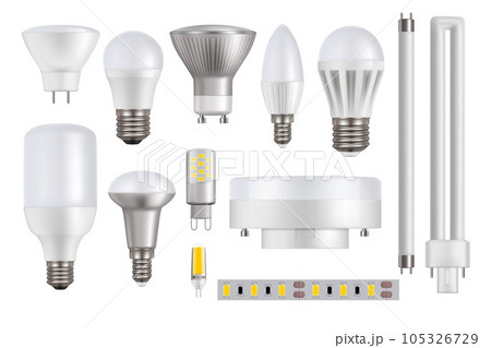 LED light bulbs isolated on white background realistic vector mockup. LED lamps, lightbulbs and tubes, strip or tape with light-emitted diodes. 3d electrical power equipment or household accessories LED light bulbs isolated on white background realistic vector mockup. LED lamps, lightbulbs and tubes, strip or tape with light-emitted diodes. 3d electrical power equipment or household accessories 105326729