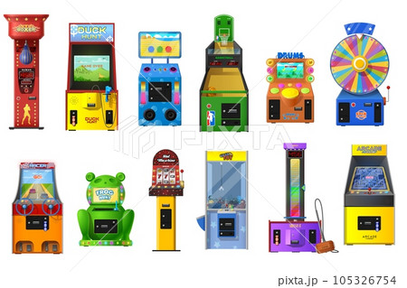 Game machines vector set of arcade video, casino slot, claw crane and wheel of fortune. Basketball, duck hunt, racer, strength tester coin operated machines with pixel screens, buttons and joysticks 105326754