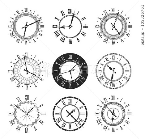Clock and watch face with vintage round dial vector icons. Isolated black and white timepieces, antique wall or pocket watches with roman numerals and ornate clock hands, time design 105326761