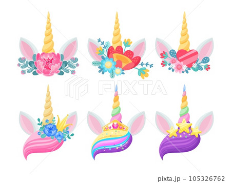 Unicorn horn, ears and flowers isolated vector design of magic horse animal heads with twisted horns, gold crowns and stars, hearts, rainbow bangs and floral wreaths. Wedding or child party invitation 105326762
