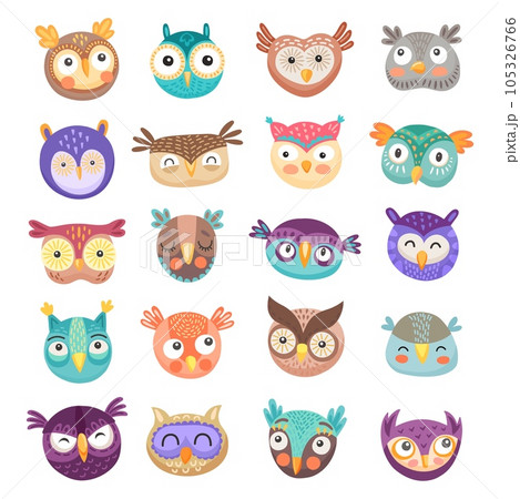 Owl and owlet faces cartoon vector of cute birds of prey with colorful feathers and funny big eyes. Happy barn, eagle and long eared owls for children comic emoji, emoticon or avatar design 105326766