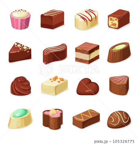 Chocolate candy and sweets vector design of dessert food. Candy and truffle set with dark, milk and white chocolate coating, filled with nut praline, caramel, cocoa cream, nougat and coffee mousse Chocolate candy and sweets vector design of dessert food. Candy and truffle set with dark, milk and white chocolate coating, filled with nut praline, caramel, cocoa cream, nougat and coffee mousse 105326775