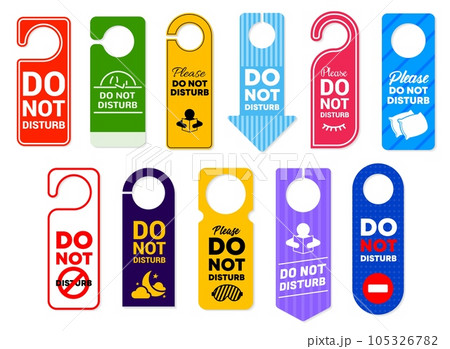 Do not disturb vector signs of hotel room door hanger tags, handle labels or knob cards with warning messages and prohibition symbols. Door hanger signs for motel, spa resort, office and clinic 105326782