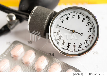 Blood pressure with drug pills on electrocardiogram ECG. Blood pressure with drug pills on electrocardiogram ECG. 105326785