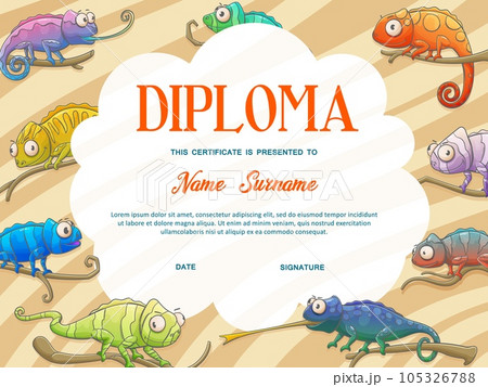 Diploma certificate kids template, vector school education. Preschool and kindergarten graduation award with background frame of chameleons, tropical lizard animals, certificate of achievement design 105326788