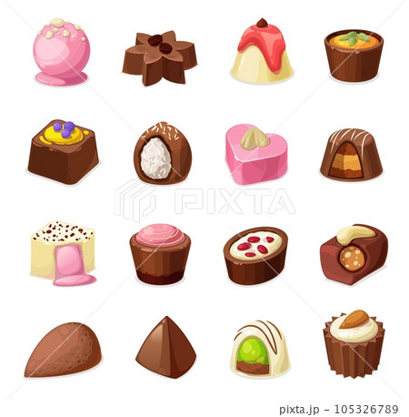 Chocolate candies vector set of sweets and dessert food. Milk, dark and white chocolate candy and truffle isolated objects with praline, caramel, nuts and coconut shaving, cocoa powder, coffee, cream 105326789