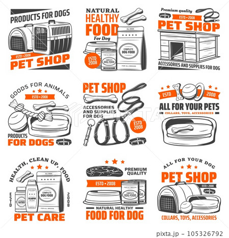 Pet shop dog care supply isolated icons with vector animal food and grooming accessories. Puppy toys, bed and feeding bowl, collar, leash and harness, kennel, carrier and whistle, shampoo and vitamins 105326792
