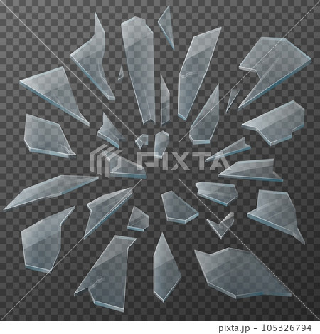 Broken glass shards realistic vector design. Transparent glass debris of shattered window, crashed pieces, cracked fragments and small particles with sharp edges on transparent background 105326794