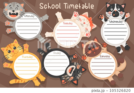 School timetable vector template of education schedule with cute cats. Student chart or study planner with cartoon cat, kitten or kitty animals with funny faces and paws, black and white spots, bow 105326820