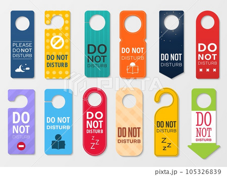 Do not disturb vector door hanger signs. Hotel room door handle or knob tags, labels or cards with do not disturb, prohibition or warning signs, quiet, sleep or busy messages for motel, resort, office 105326839