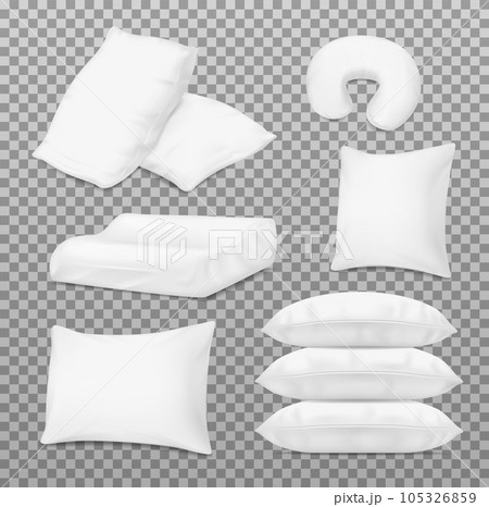 Pillows and bed cushions, vector realistic 3D white mockup templates. Inflatable travel cushion and orthopedic neck pillow, fluffy feather down pillows pile 105326859